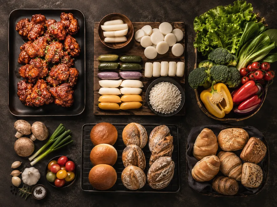 위에서 내려다본 식품 구성. 양념 닭강정, 여러 색의 떡, 갓 구운 빵과 채소가 어두운 상판 위에 구획별로 놓여 있다.